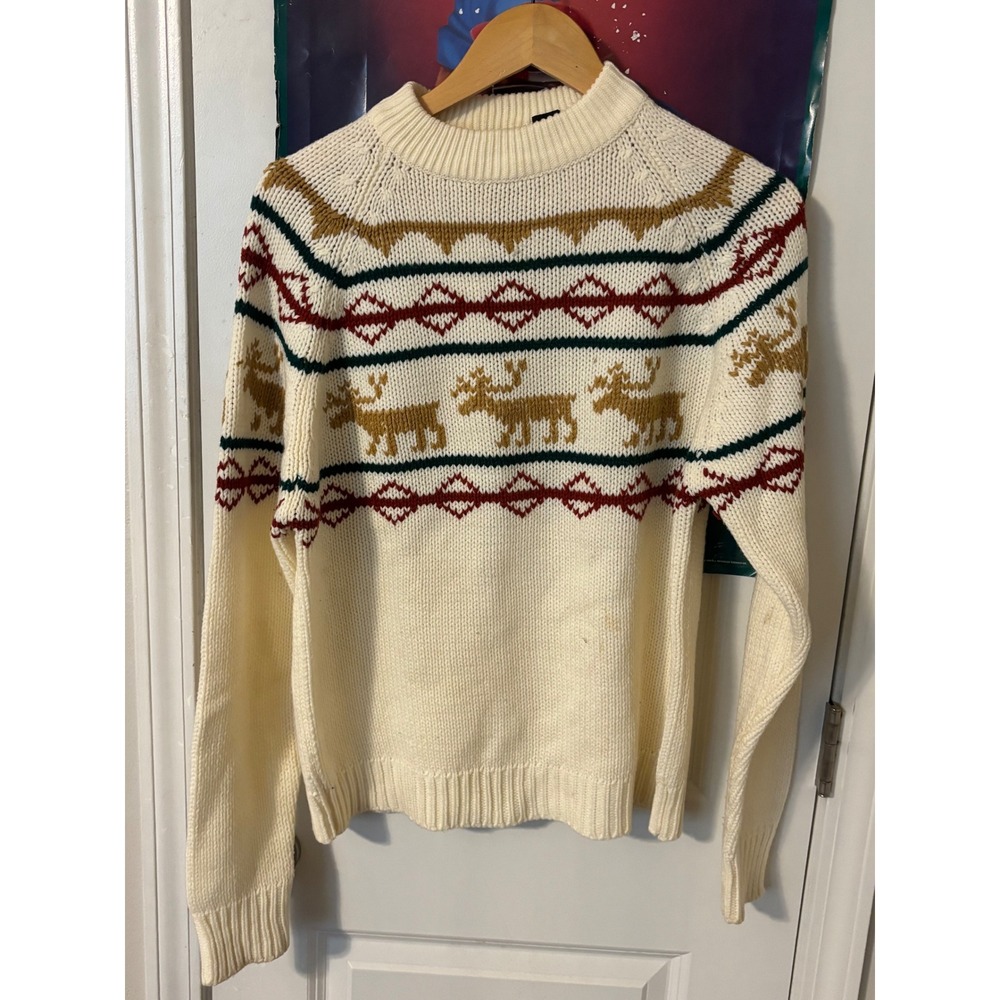 Vintage Sigallo Mens Reindeer Fair Isle Knit Sweater Cream Acrylic Medium